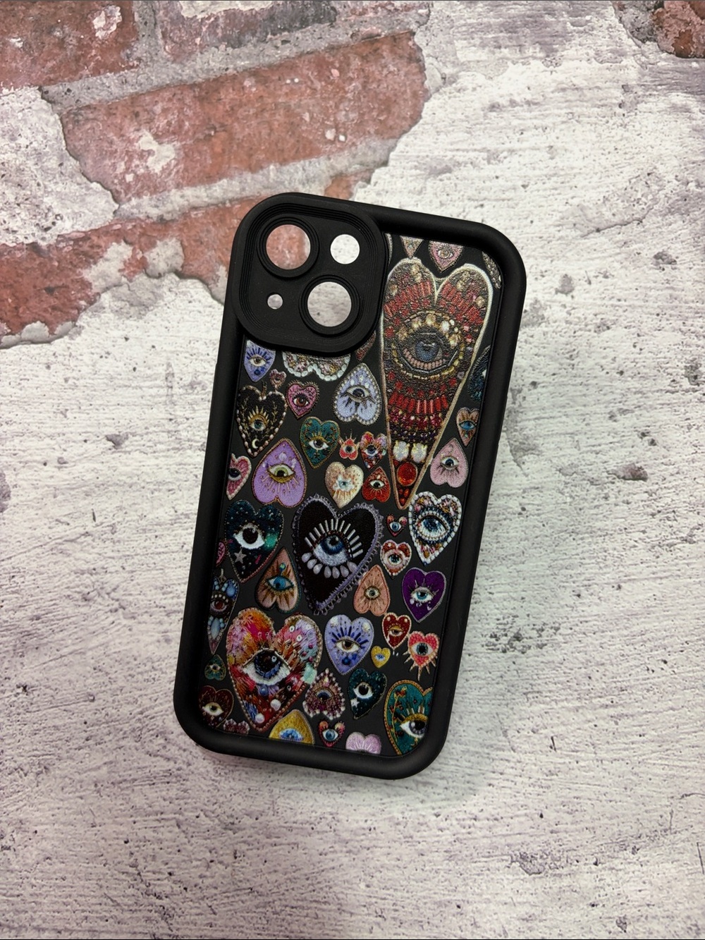 iPhone 13 Black Multicolor Evil Eye Heart Print Phone Case